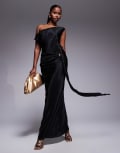 [ASOS DESIGN] ASOS DESIGN twist fallen shoulder plisse maxi dress with ruching drape detail in black 10 Black