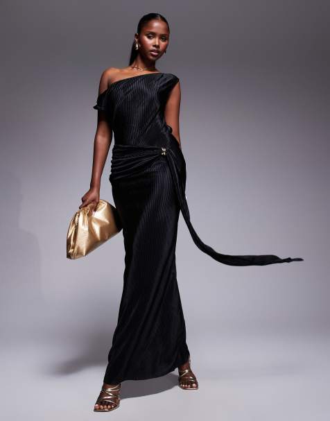 ASOS DESIGN twist fallen shoulder with ruching drape detail plisse maxi dress in black - view 1