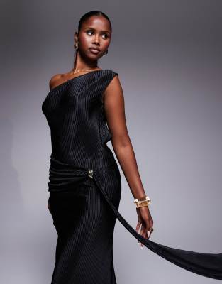Asos Design Twist Fallen Shoulder With Ruching Drape Detail Plisse Maxi Dress