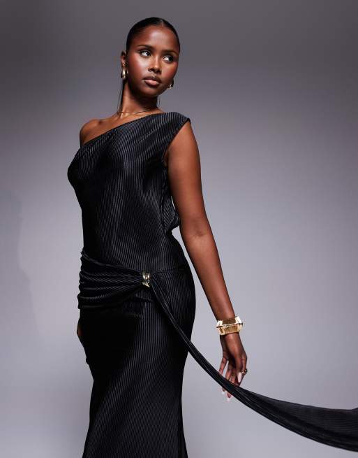 ASOS DESIGN twist fallen shoulder with ruching drape detail plisse maxi dress in black