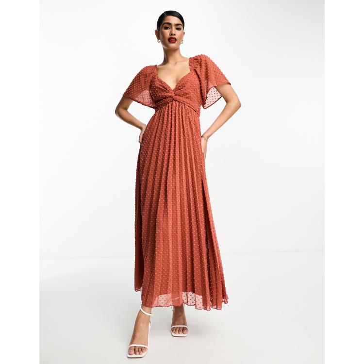 ASOS DESIGN twist front midi dress with angel sleeve in terracotta