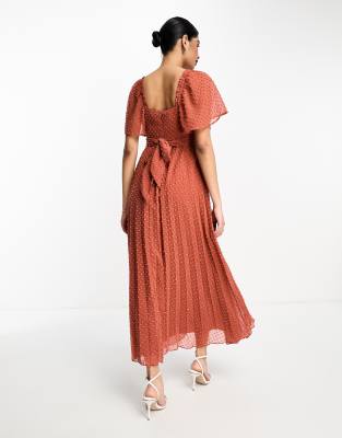 ASOS DESIGN twist front angel sleeve dobby midi dress in dark rust