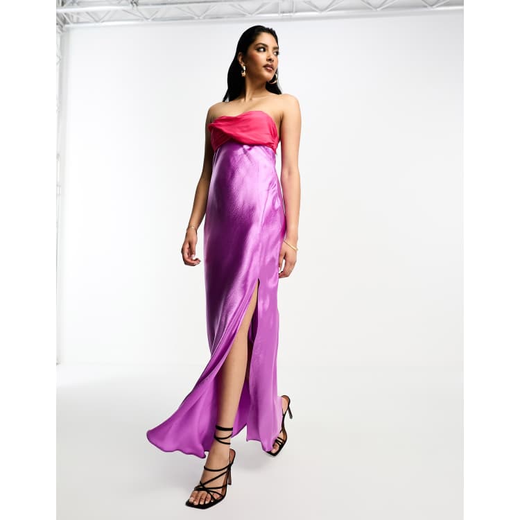 ASOS DESIGN twist front bandeau maxi dress in satin and chiffon mix and  side split in purple