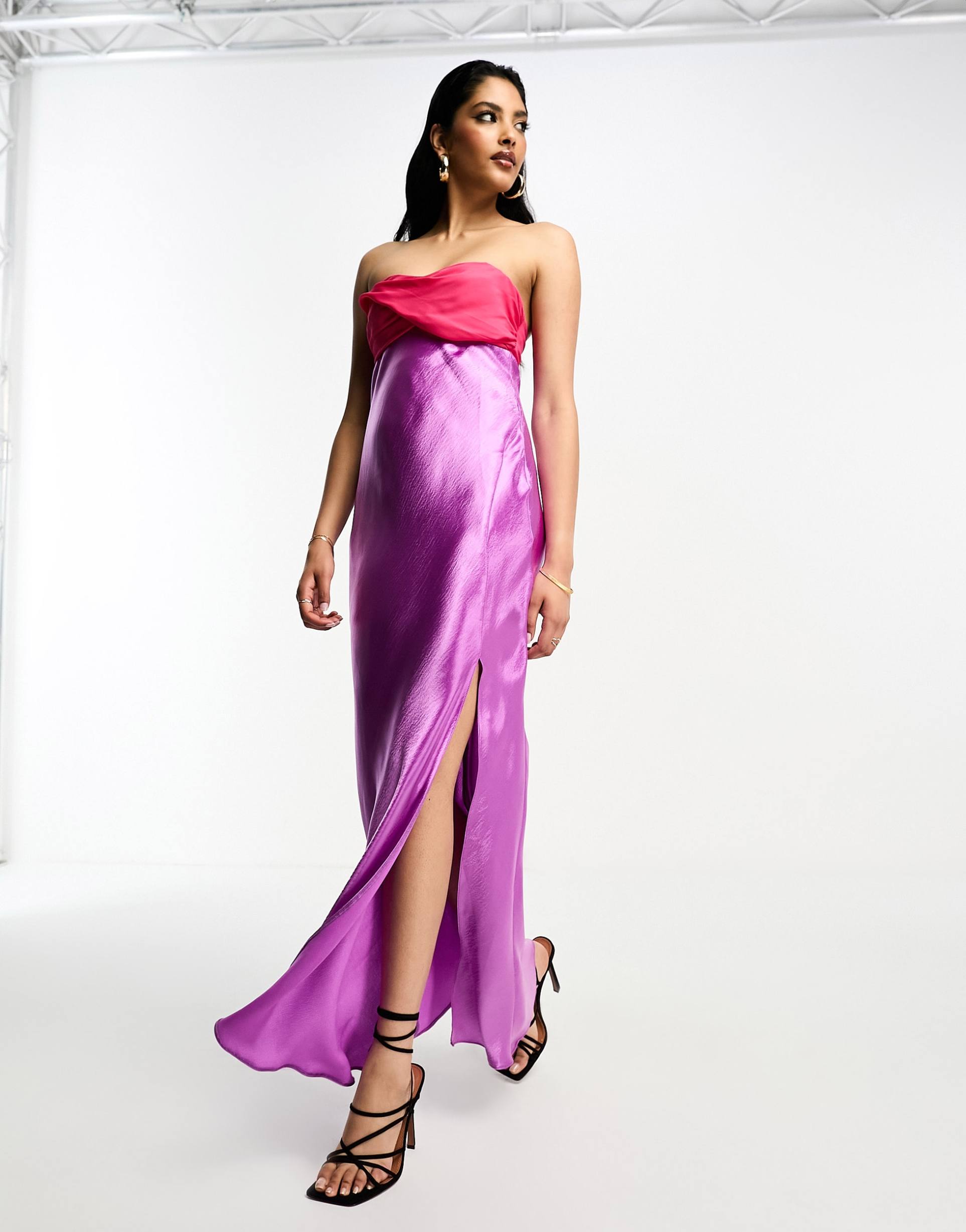 asos design twist front bandeau maxi dress in satin and chiffon mix and side split in purple