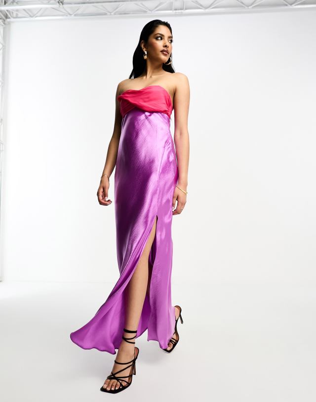 ASOS DESIGN twist front bandeau maxi dress in satin and chiffon mix and side split in purple