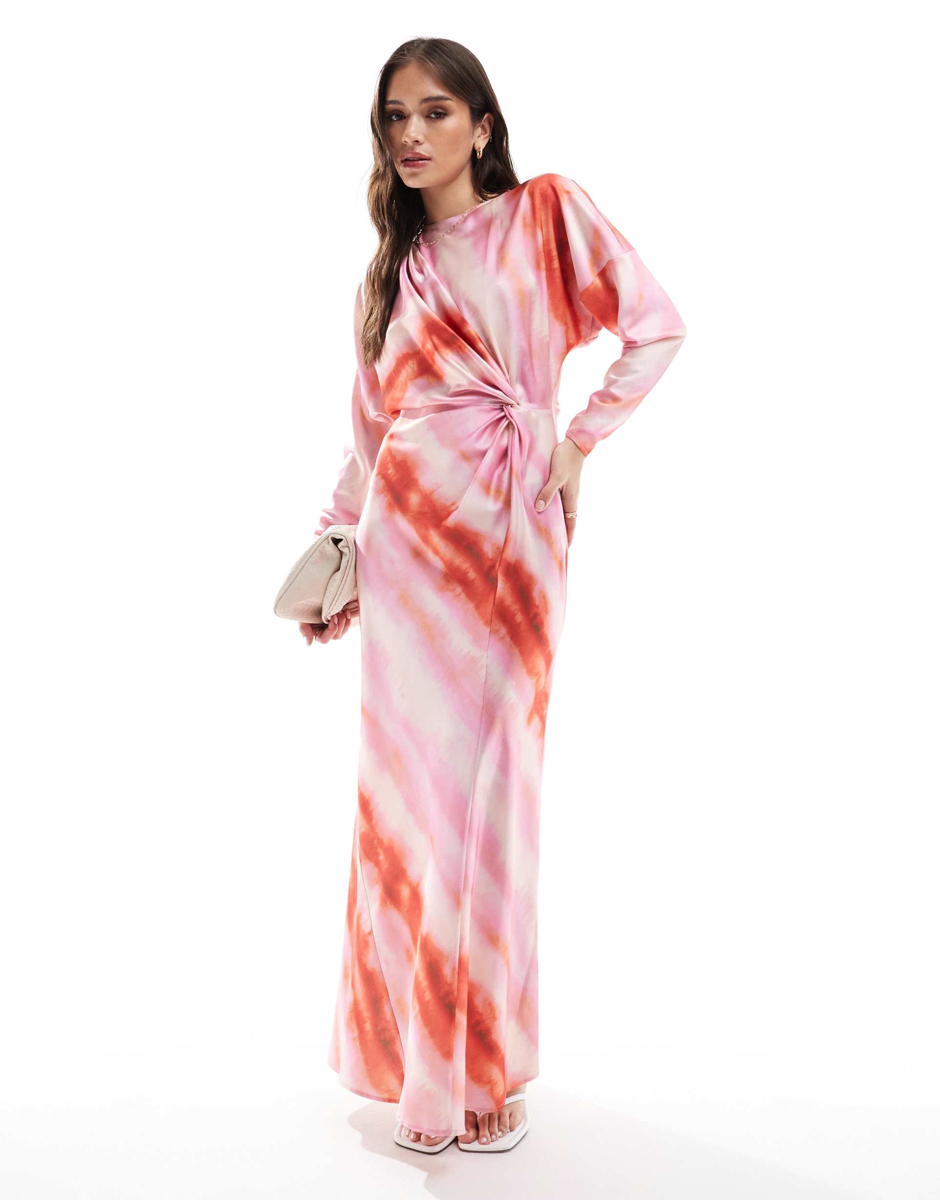 asos design twist front batwing sleeve satin maxi dress in blurred print