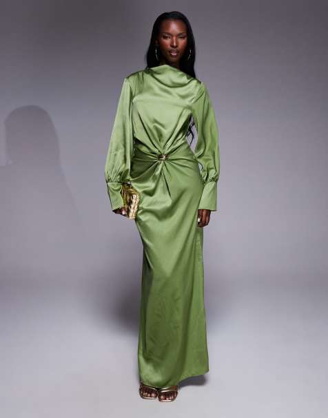 ASOS DESIGN twist front bias satin maxi dress with gold hardware in olive green - view 1