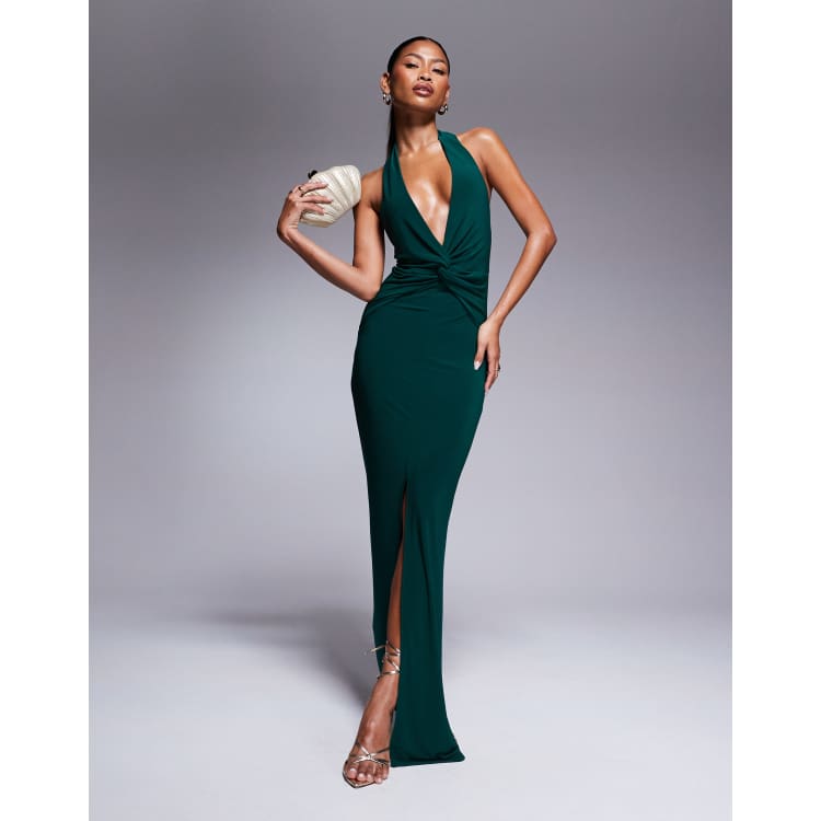 ASOS DESIGN twist front deep plunge maxi dress in bottle green | ASOS