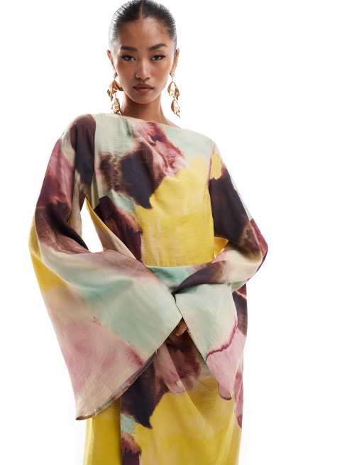 ASOS DESIGN twist front extreme sleeve maxi dress in abstract print