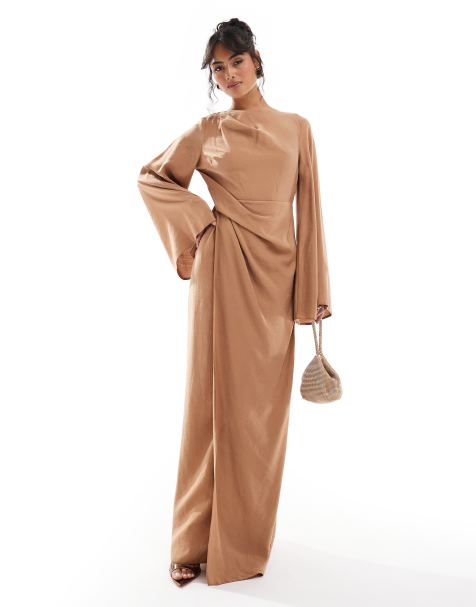 ASOS DESIGN twist front extreme sleeve maxi dress in caramel brown - view 1