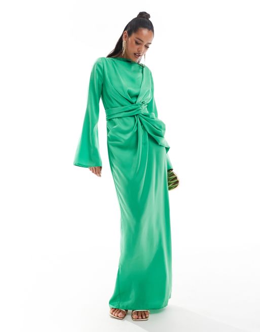 Asos Design Twist Front Fluted Sleeve Maxi Dress In Green Asos