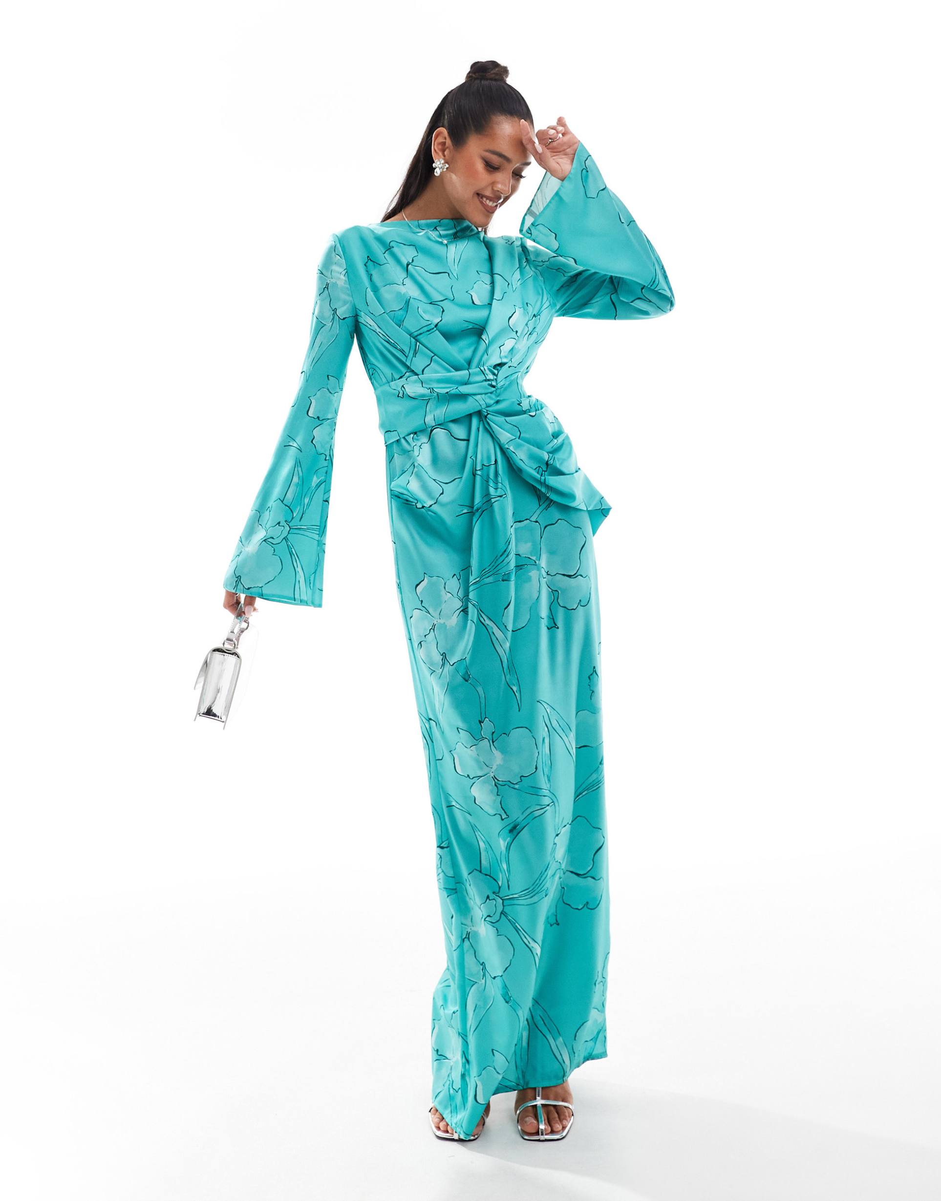 asos design twist front fluted sleeve maxi dress in jade outline floral print