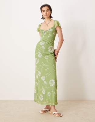 Asos Design Twist Front Flutter Sleeve Midi Tea Dress In Green