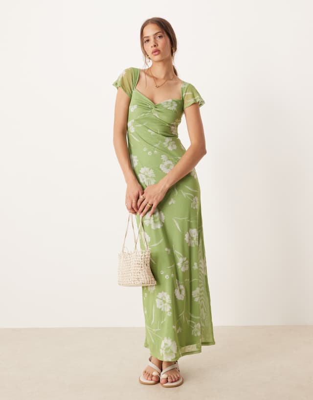 ASOS DESIGN twist front flutter sleeve midi tea dress in green floral print