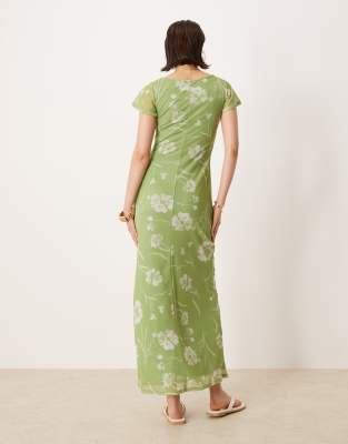 Asos Design Twist Front Flutter Sleeve Midi Tea Dress In Green