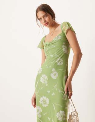 knee length dresses for ladies Green Floral Print Midi Shirt Dress - The Cotton Shop