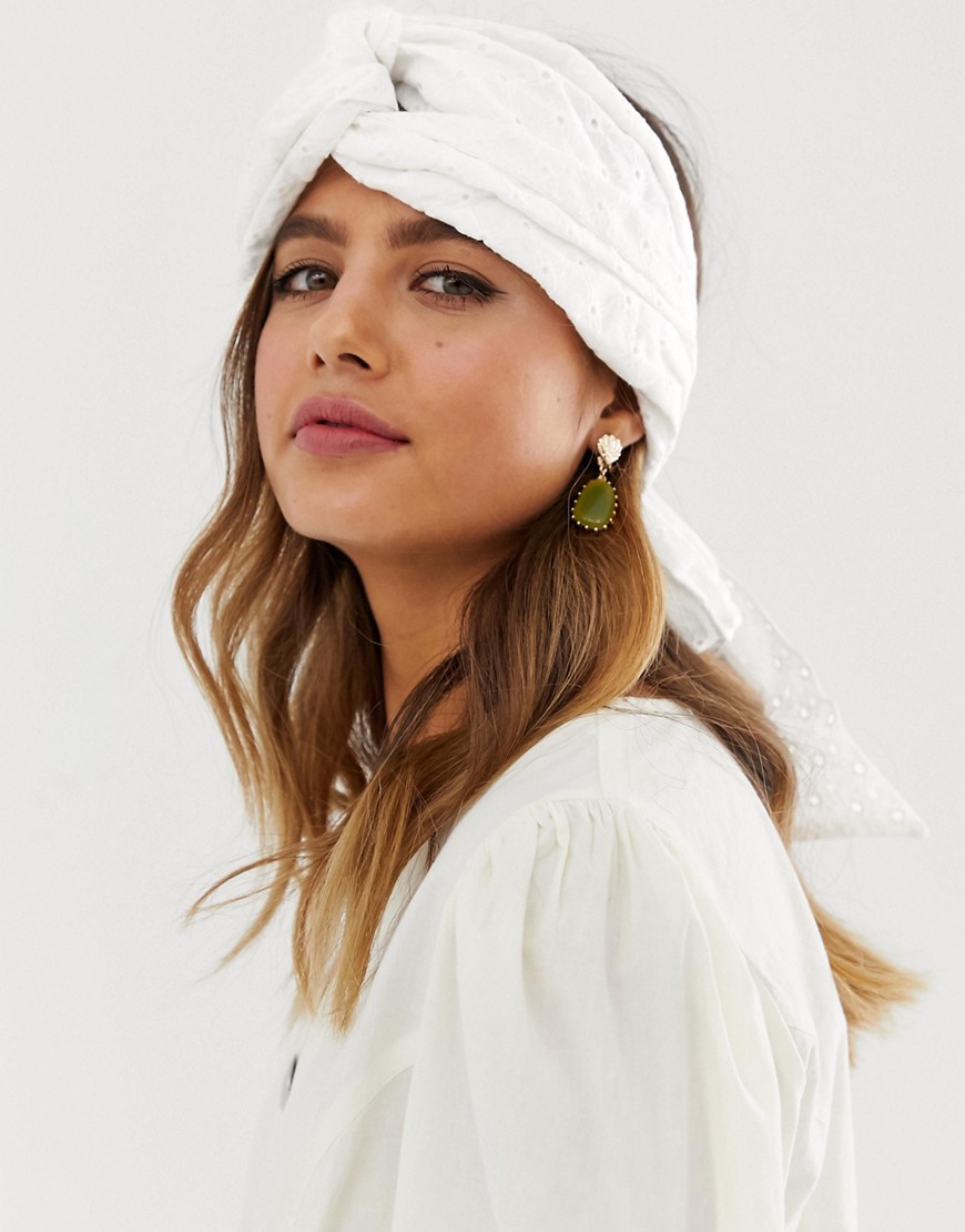 ASOS DESIGN twist front headscarf in broderie-White