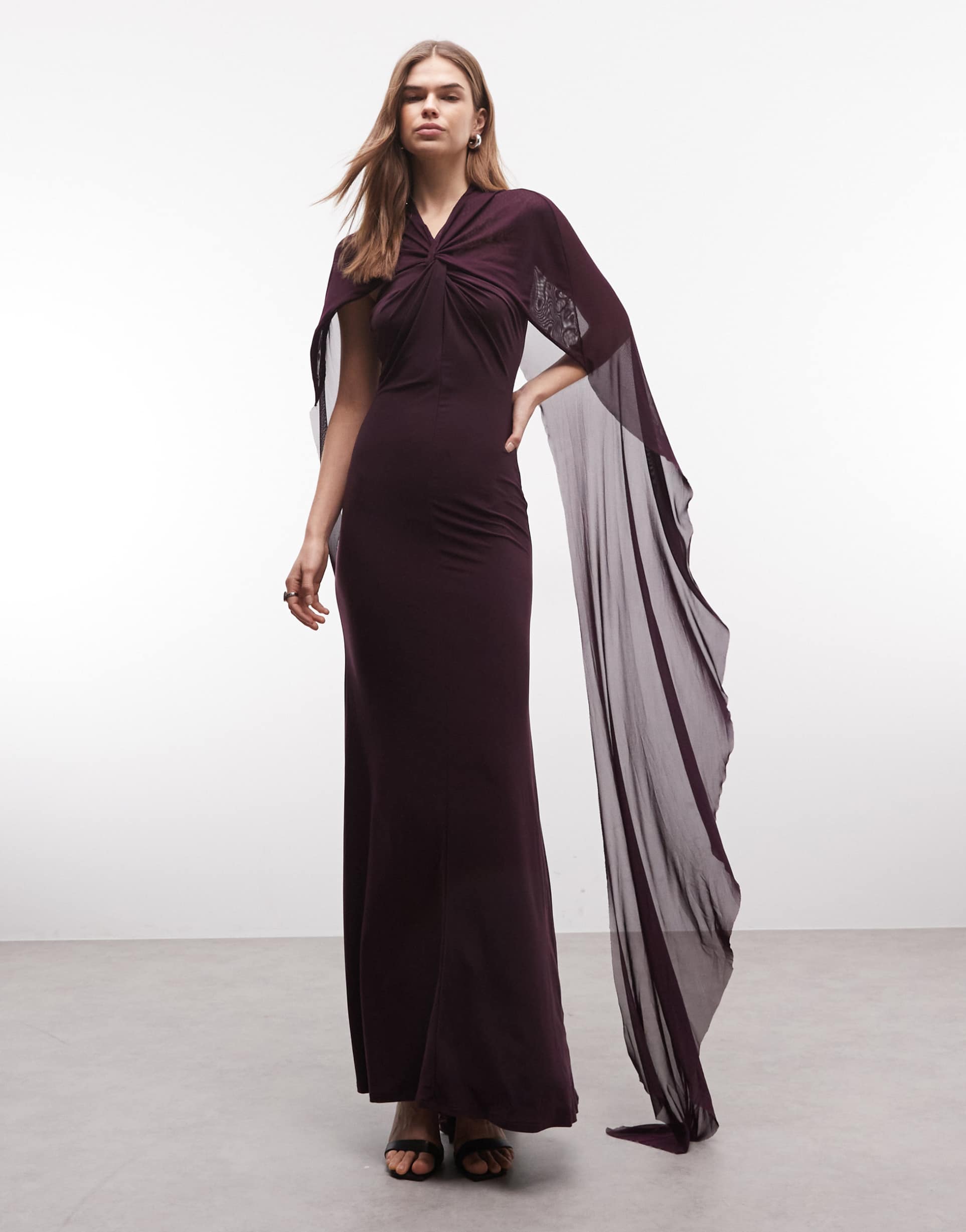 asos design twist front high neck maxi dress with mesh cape detail in plum