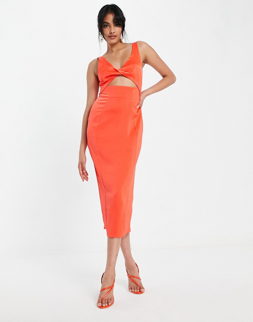 ASOS DESIGN twist front keyhole midi dress in coral-Orange
