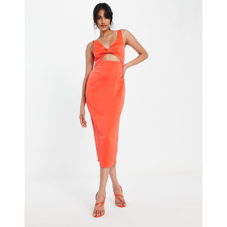 ASOS DESIGN twist front keyhole midi dress in coral ASOS