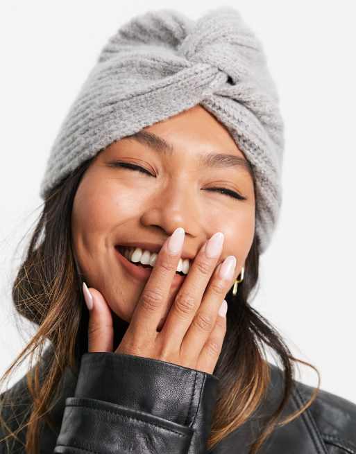 ASOS DESIGN twist front knitted beanie in gray