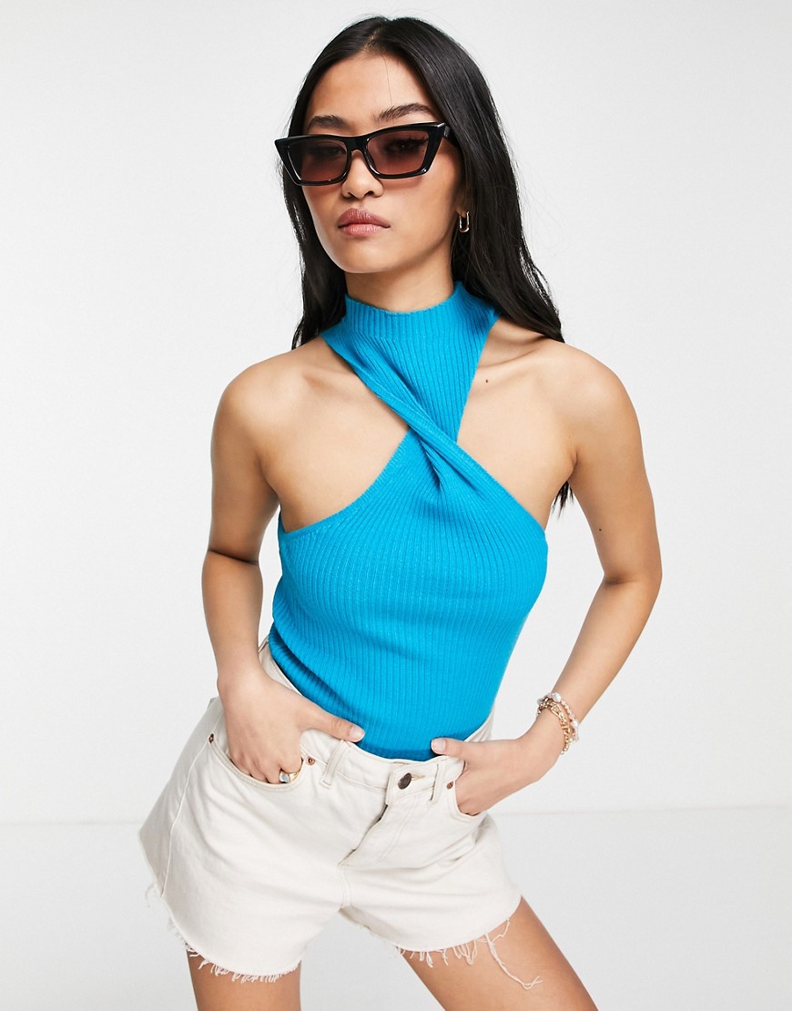 ASOS DESIGN twist front knitted top in blue