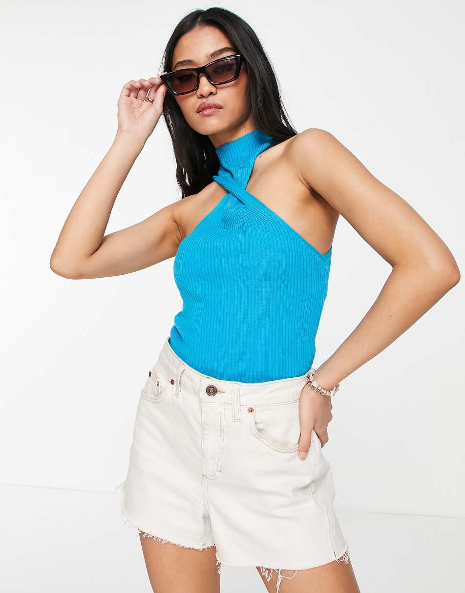 ASOS DESIGN twist front knitted top in blue