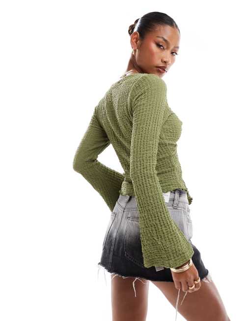 ASOS DESIGN twist front long sleeve flute top in khaki | ASOS
