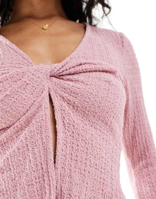 ASOS DESIGN twist front long sleeve flute top in pink | ASOS