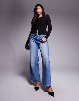 Asos Design Twist Front Long Sleeve Top With Shoulder Pads In Black