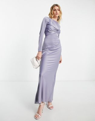 ASOS DESIGN twist front long sleeves satin maxi dress in lilac