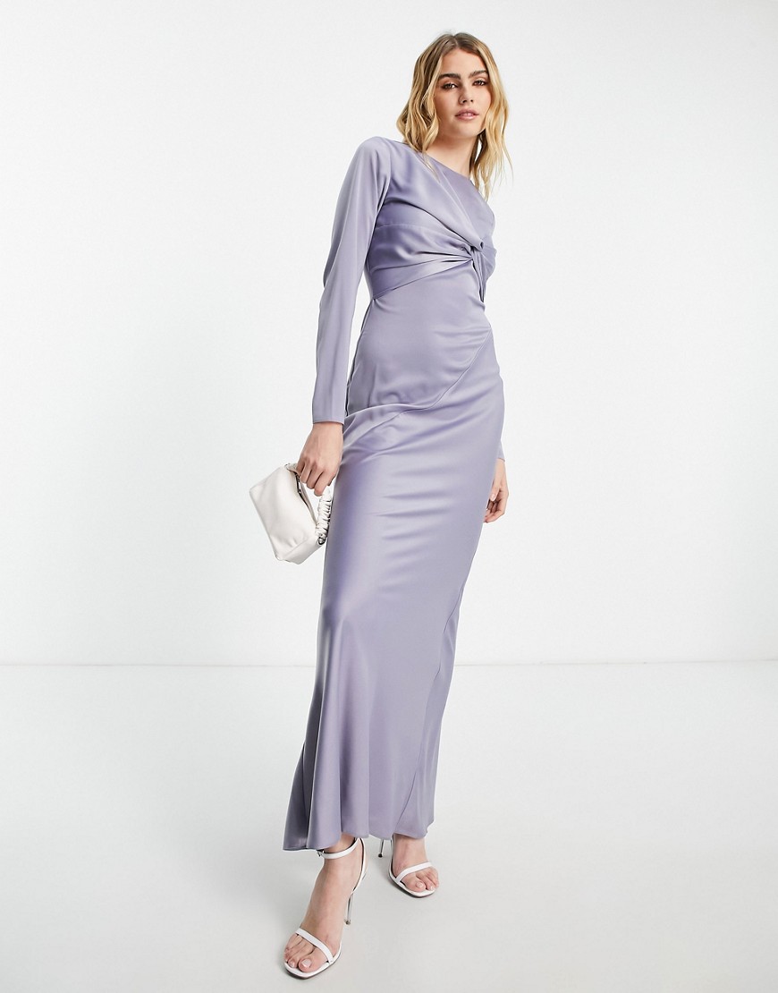 ASOS DESIGN twist front long sleeves satin maxi dress in lilac-Purple