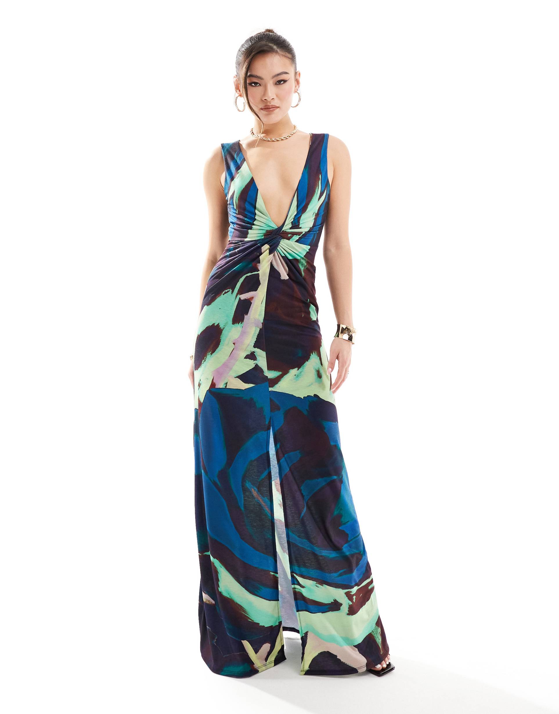 asos design twist front maxi dress in abstract print