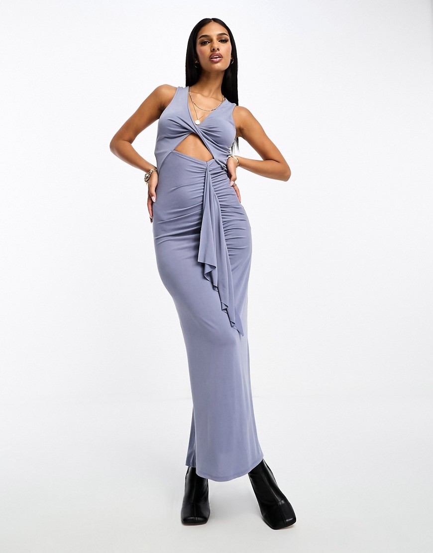 ASOS DESIGN twist front maxi dress with side ruffle in blue