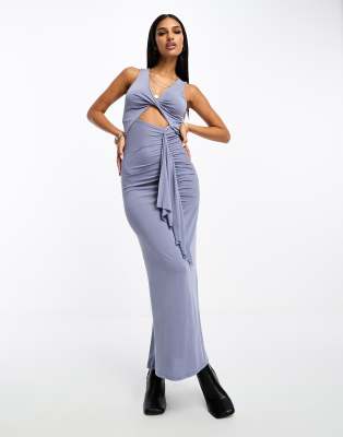 Asos Design Twist Front Maxi With Side Ruffle In Blue