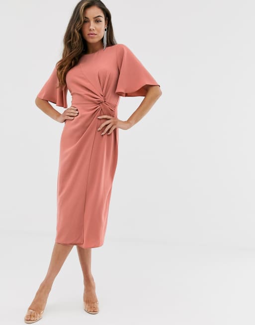 ASOS DESIGN twist front midi dress with angel sleeve in terracotta