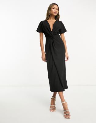 Shop Asos Design Twist Front Midi Dress With Short Sleeve In Black