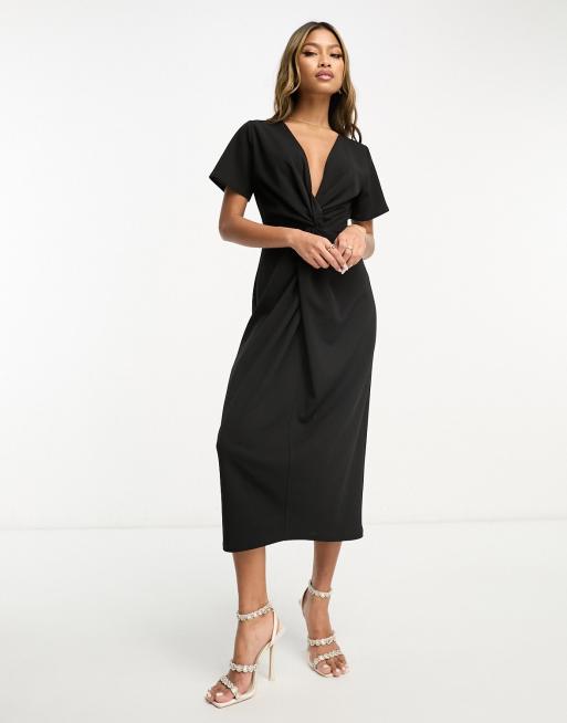 Black midi dress shop with short sleeves