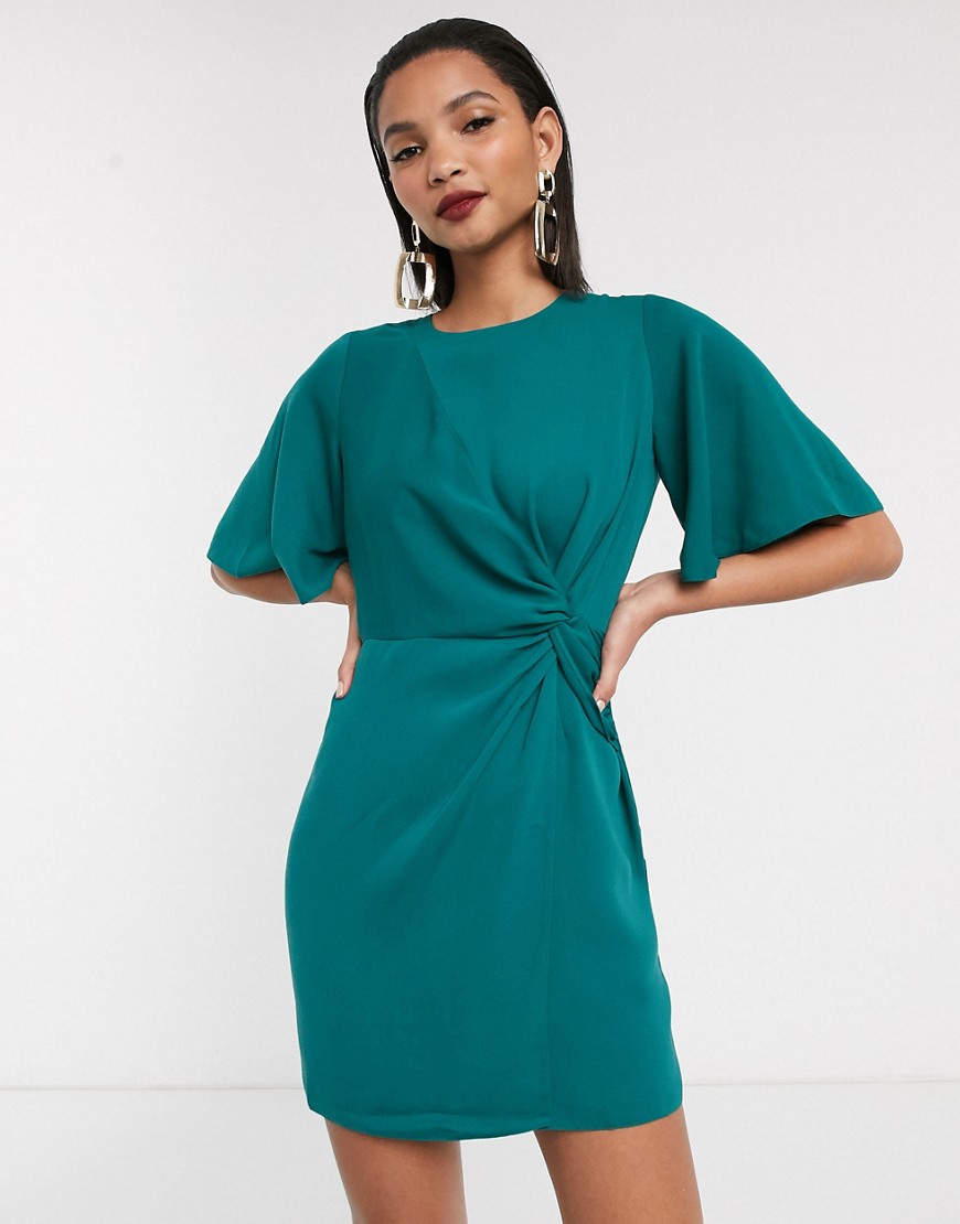 ASOS DESIGN twist front mini dress with angel sleeve in antique green