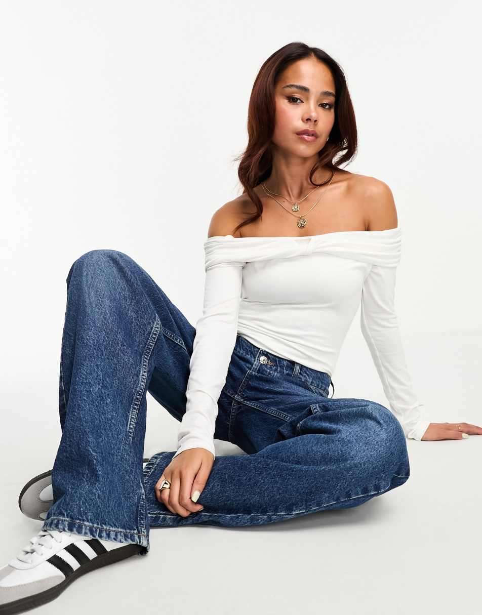 ASOS DESIGN twist front off the shoulder bodysuit in ivory