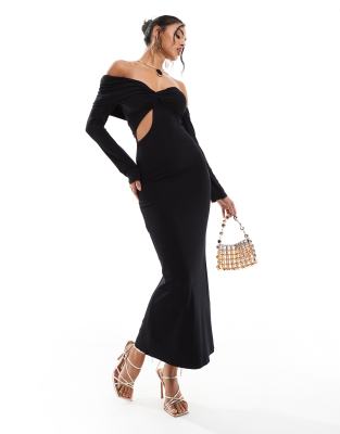 Asos Design Twist Front Off The Shoulder Midi Dress With Shaped Front Cut Out In Black