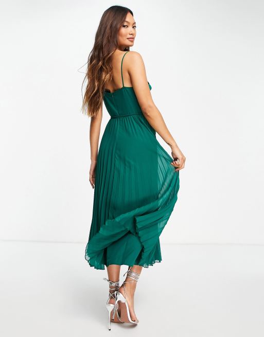 ASOS DESIGN pleated cami midi dress with drawstring waist in forest green