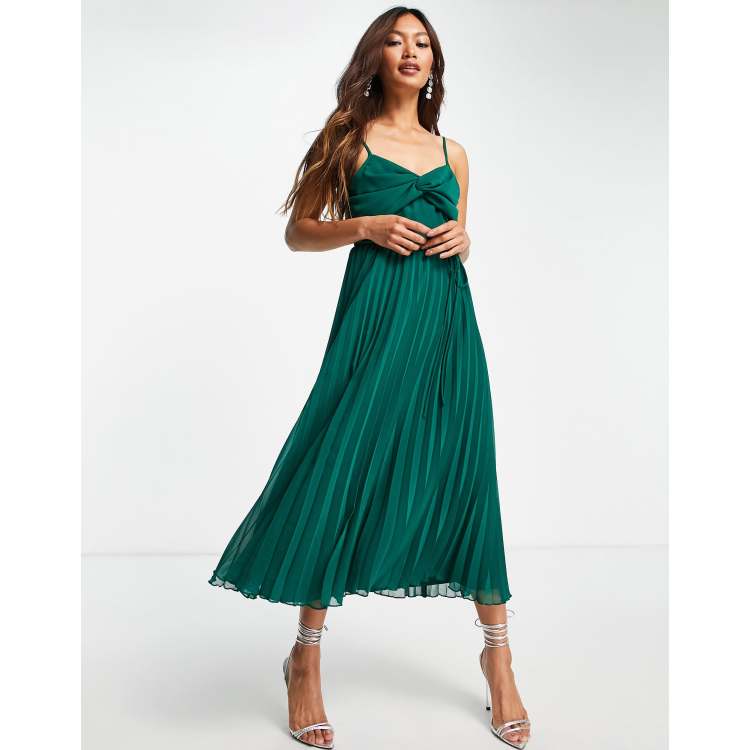 ASOS DESIGN twist front pleated cami midi dress with belt in forest green |  ASOS