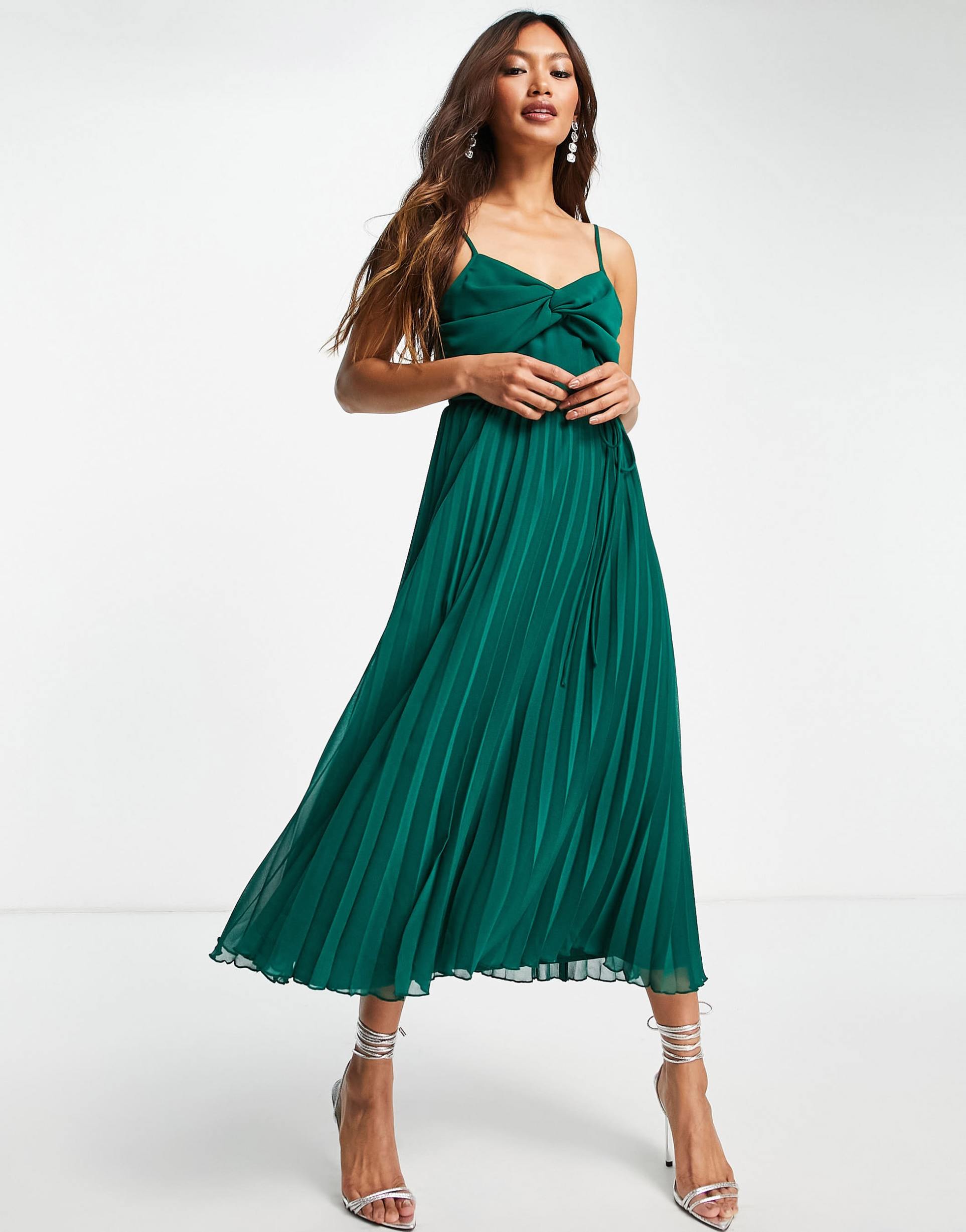 asos design twist front pleated cami midi dress with belt in forest green