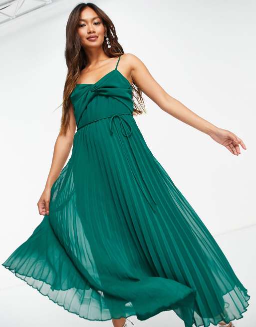 ASOS DESIGN twist front pleated cami midi dress with belt in forest green, 3 of 4