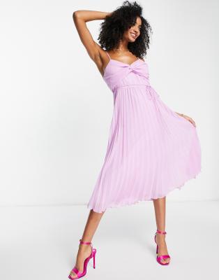 Asos Design Twist Front Pleated Cami Midi Dress With Belt In Lilac-Purple