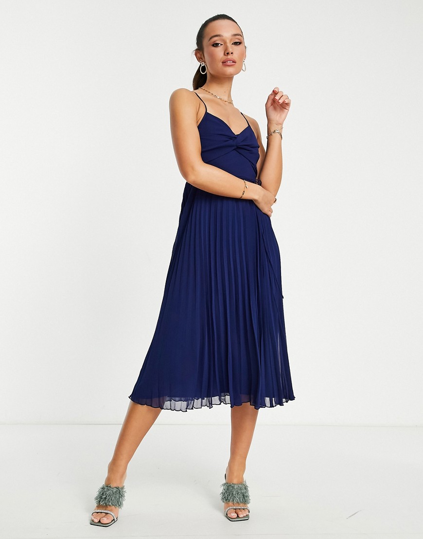 ASOS DESIGN twist front pleated cami midi dress with belt in navy