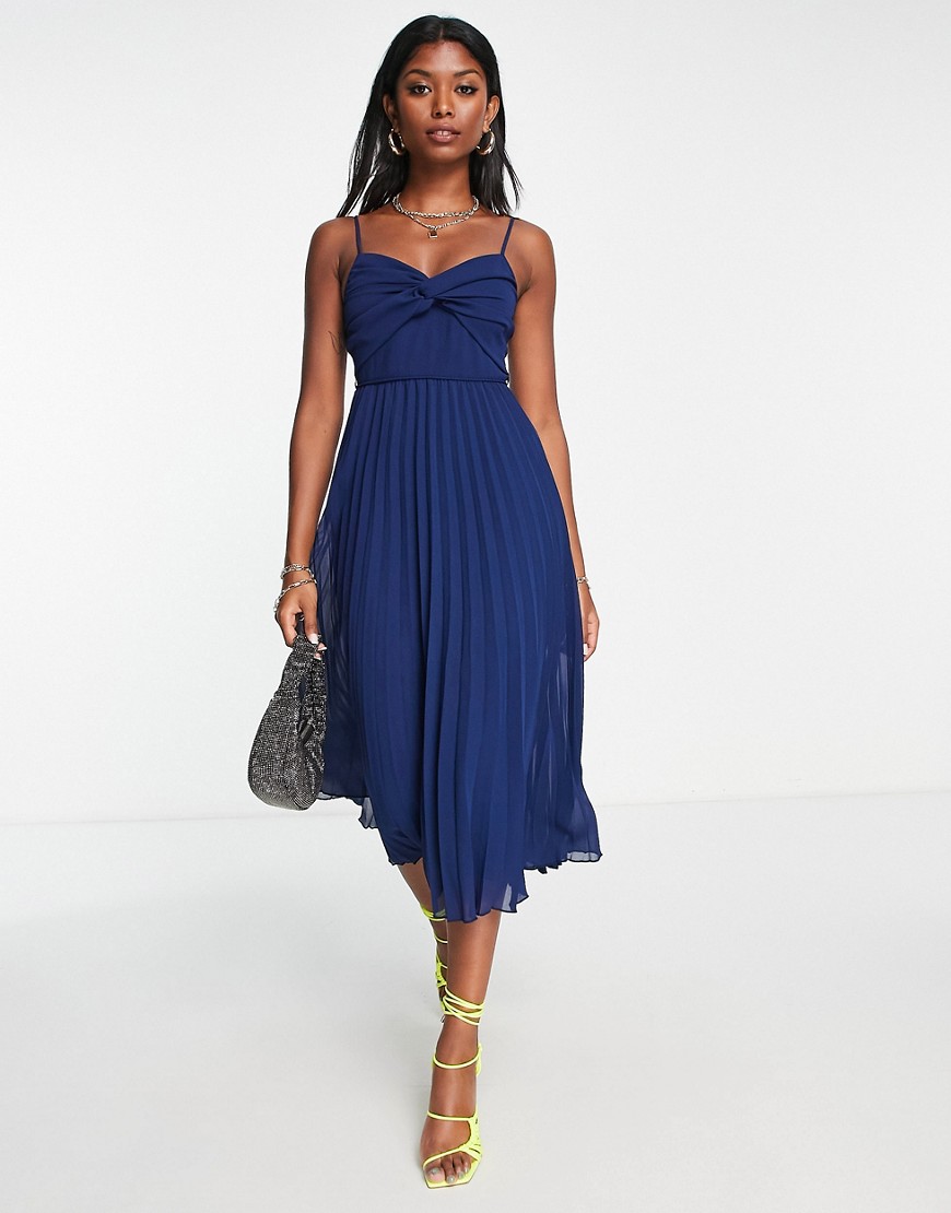 ASOS DESIGN twist front pleated cami midi dress with belt in navy