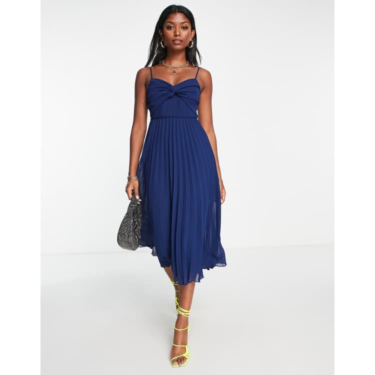 ASOS DESIGN twist front pleated cami midi dress with belt in navy