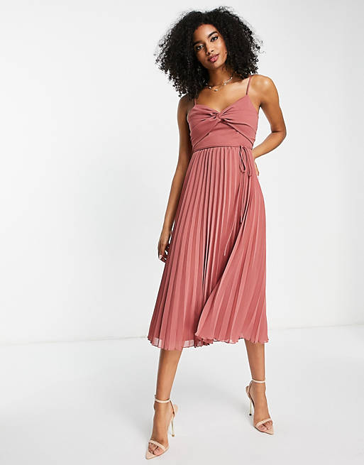 ASOS DESIGN twist front pleated cami midi dress with belt in rose pink |  ASOS
